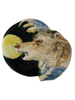 Vtg Hand Painted Wolf Moon Porcelain Pin Brooch Black Brown 90s Nature Tribal